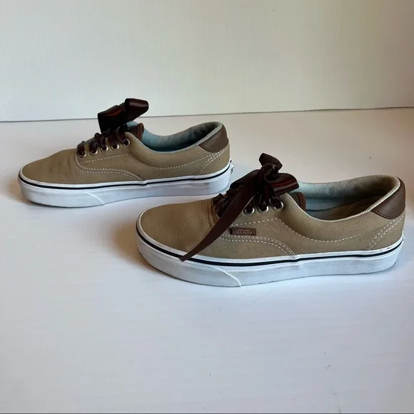 Vans Tan Brown Era Low Top Tan Canvas Brown With Brown Leather Sz 8 - Picture 5 of 11